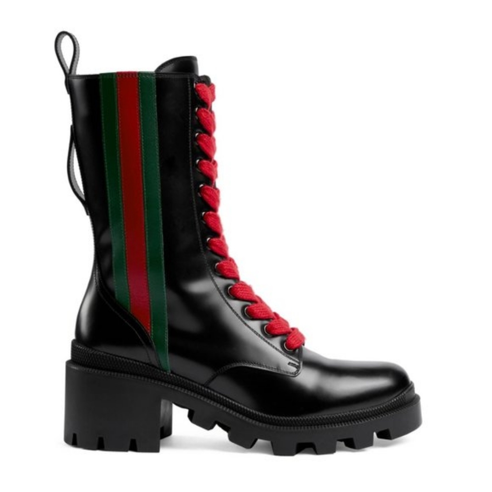 Gucci Trip Leather Black Combat Boots with Web in